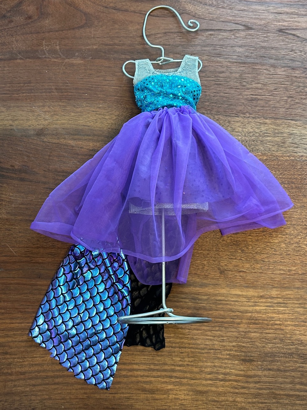 Handmade Mermaid Doll Dress Teal Sequince Purple Shimmer Tail Sequins On Stand